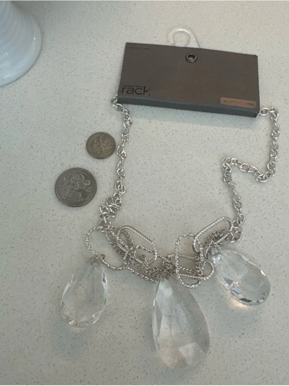 Silver-Tone Necklace with Clear Teardrop Pendants by Rack